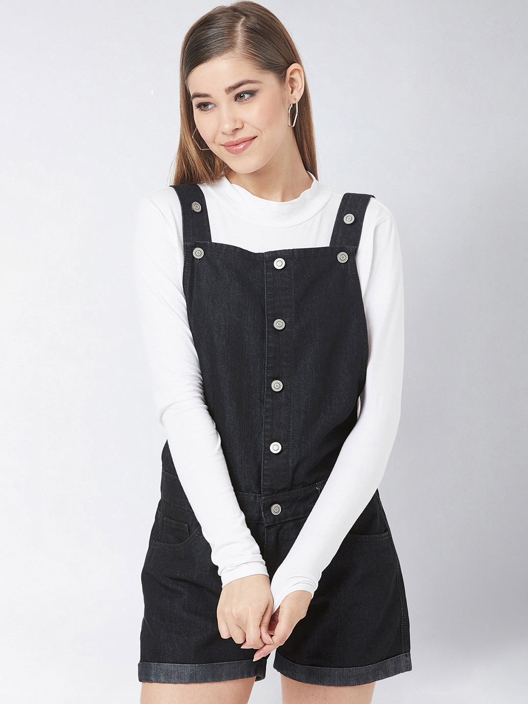 Miss Chase Women Black Solid Denim Dungarees