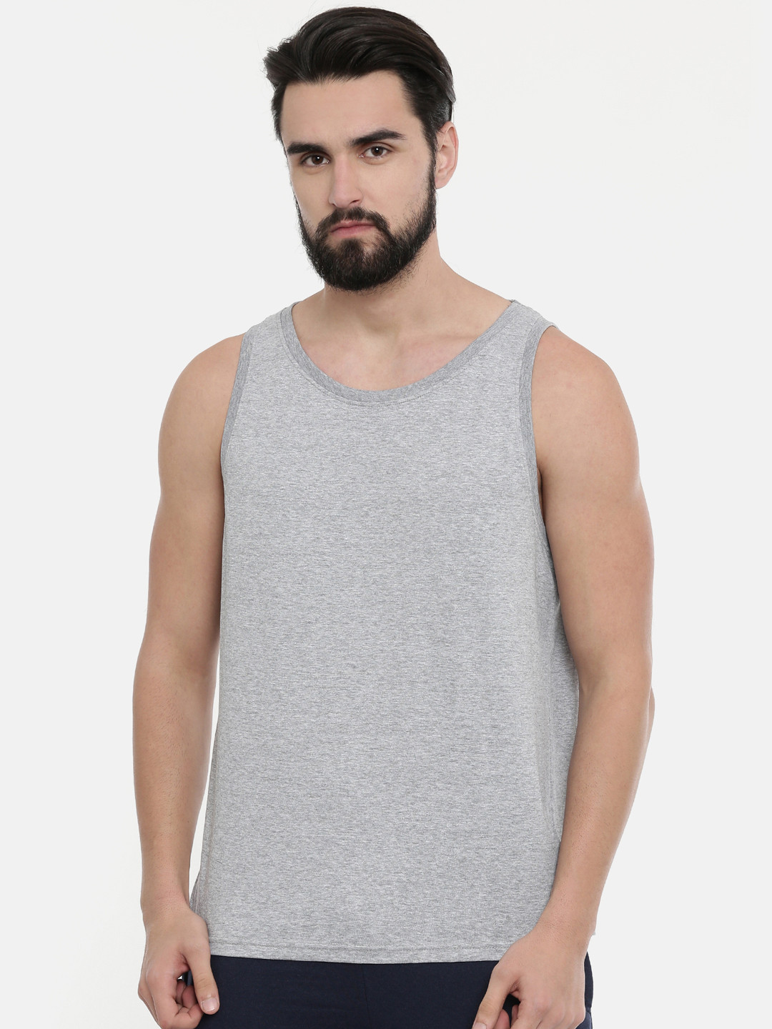 Bushirt Men Grey Dark Solid Pure Cotton Round Neck Sleeveless T-shirt