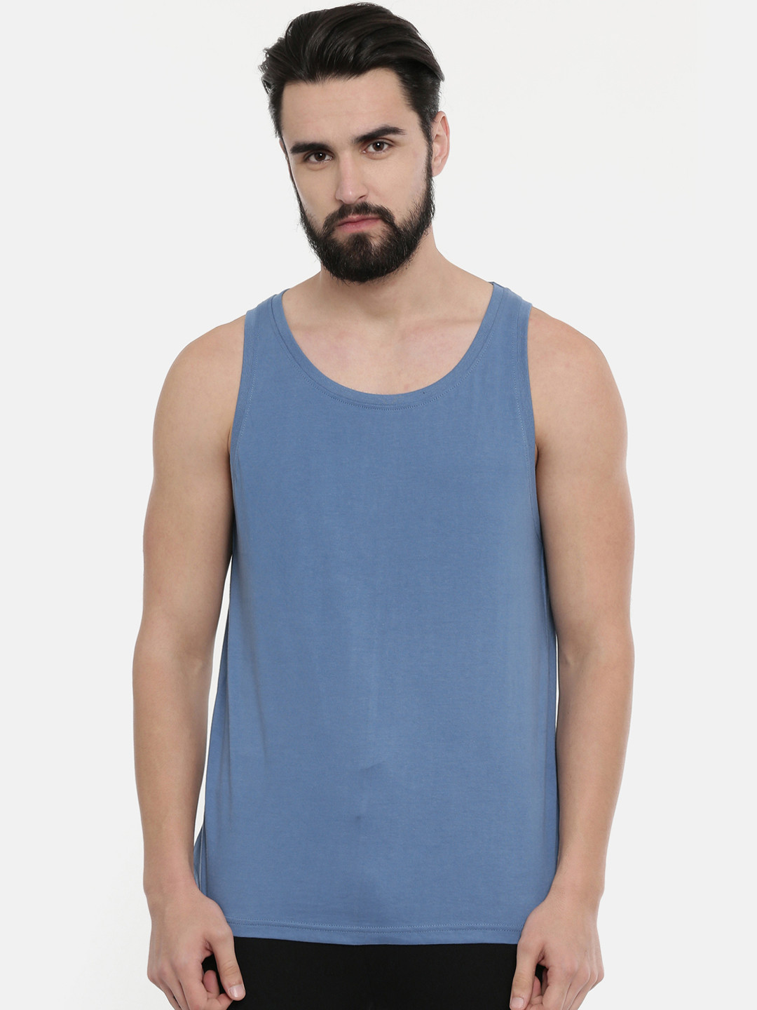 Bushirt Men Blue Turquoise Solid Pure Cotton Round Neck Sleeveless T-shirt