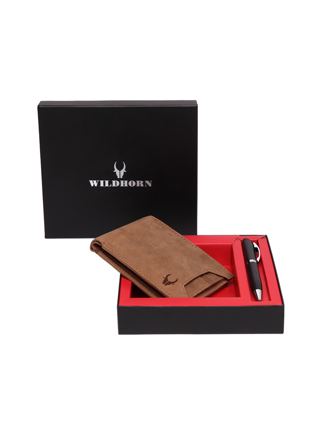 WildHorn Men Tan Brown RFID Protected Genuine Leather Wallet & Pen Accessory Gift Set
