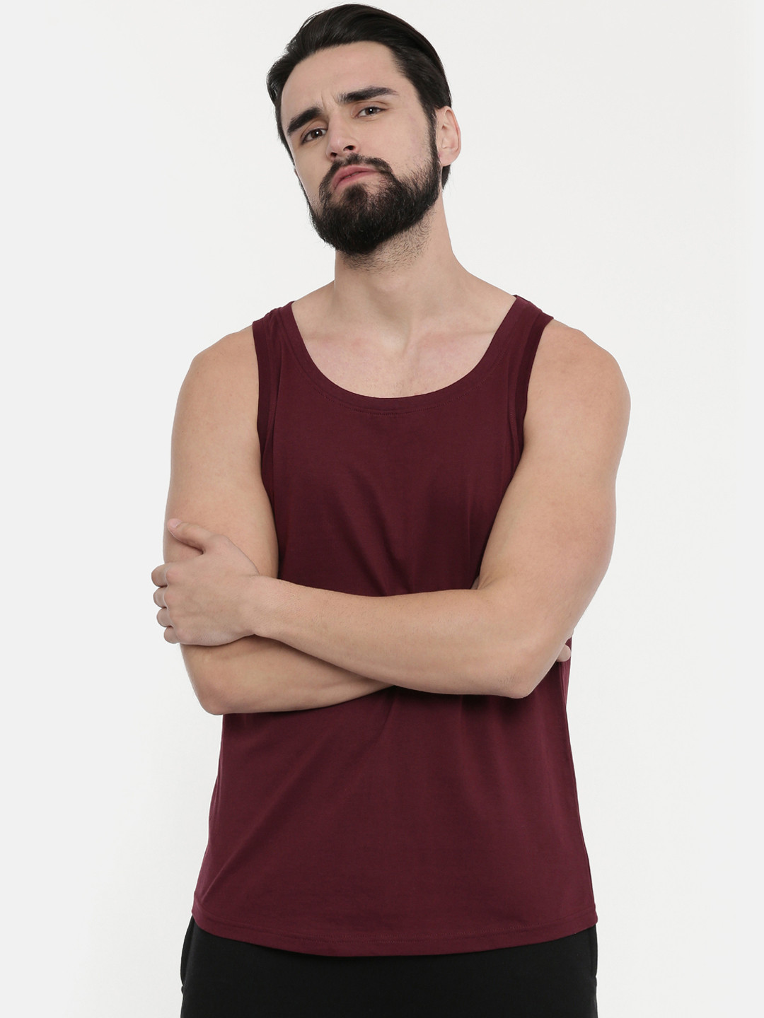 Bushirt Men Maroon Solid Pure Cotton Round Neck Sleeveless T-shirt