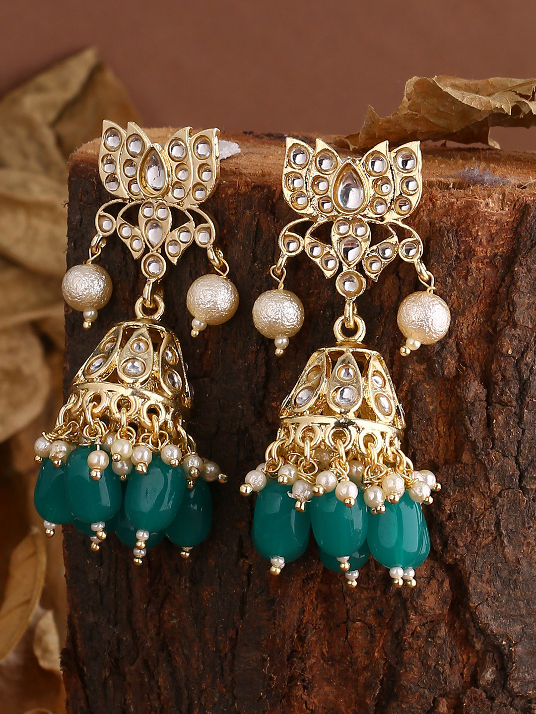 Shoshaa Gold-Plated & Green Dome Shaped Jhumkas