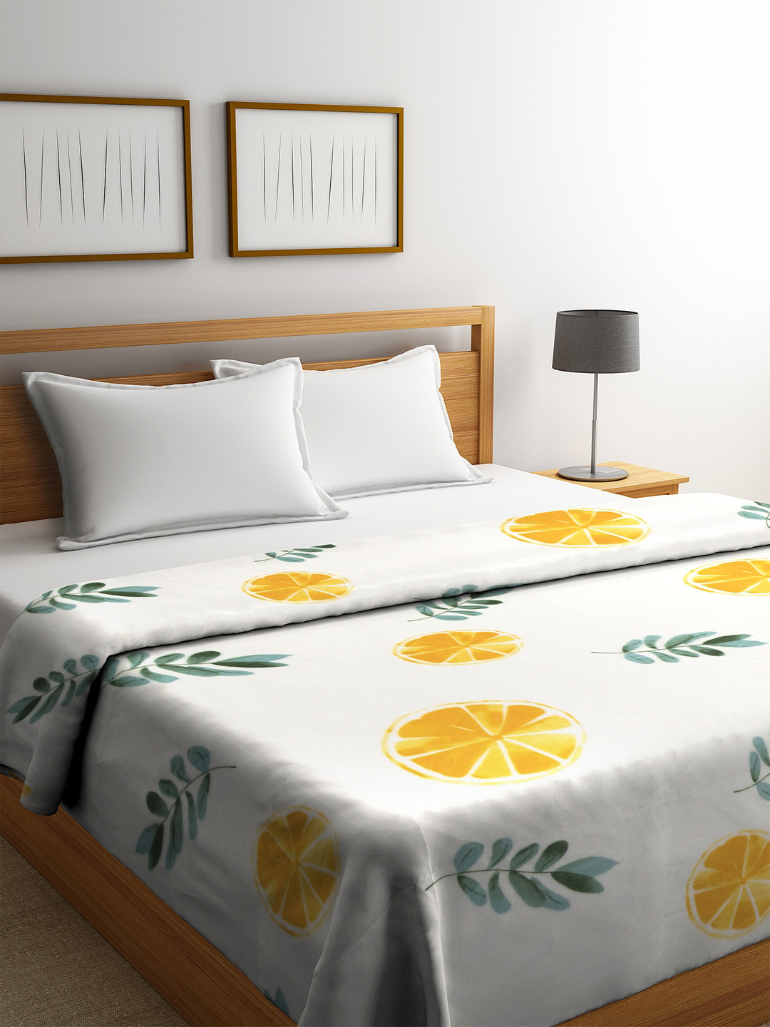 Cortina White & Yellow Printed AC Room 233 GSM Double Bed Blanket