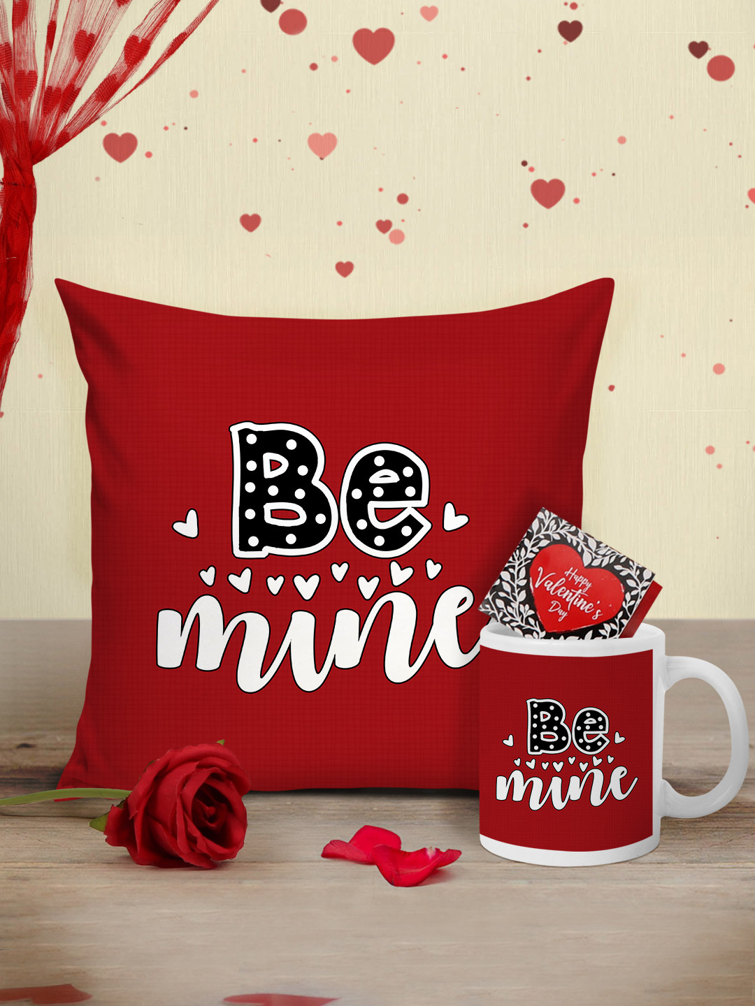 Tied Ribbons Red & White Valentine Cushion with Mug, Rose and Mini Card