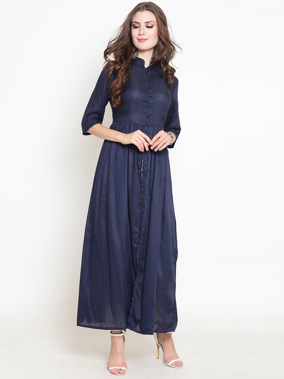 Sera Women Navy Blue & White Self Design Kurti with Palazzos