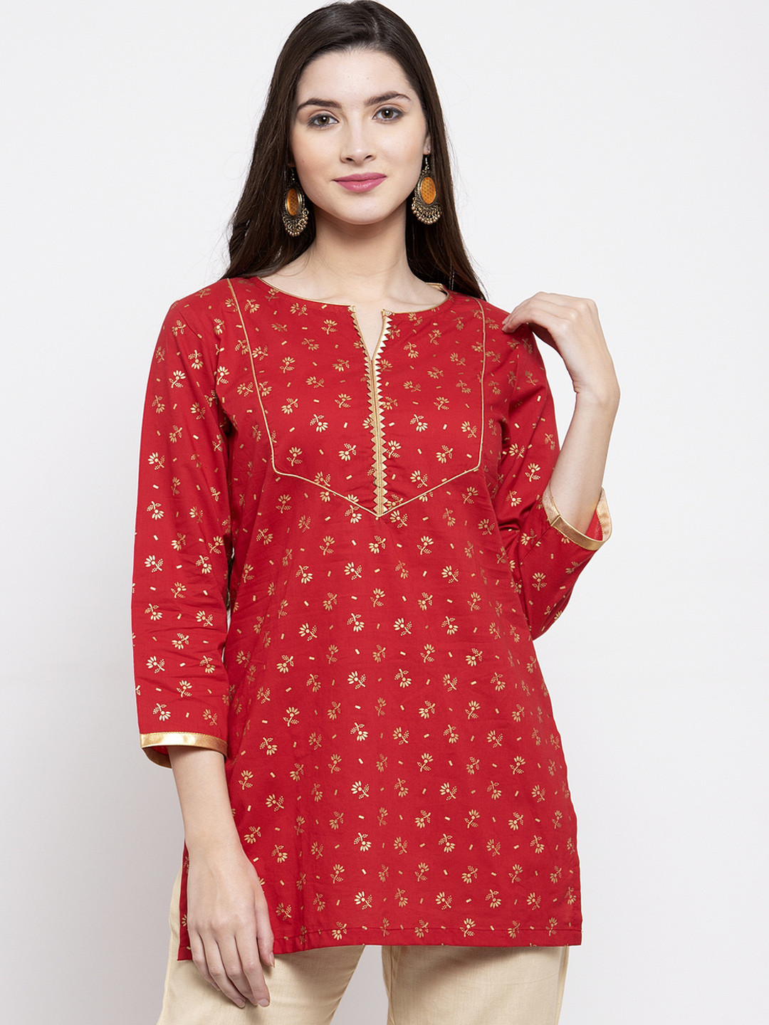 Bhama Couture Women Red & Golden Foil Print Tunic