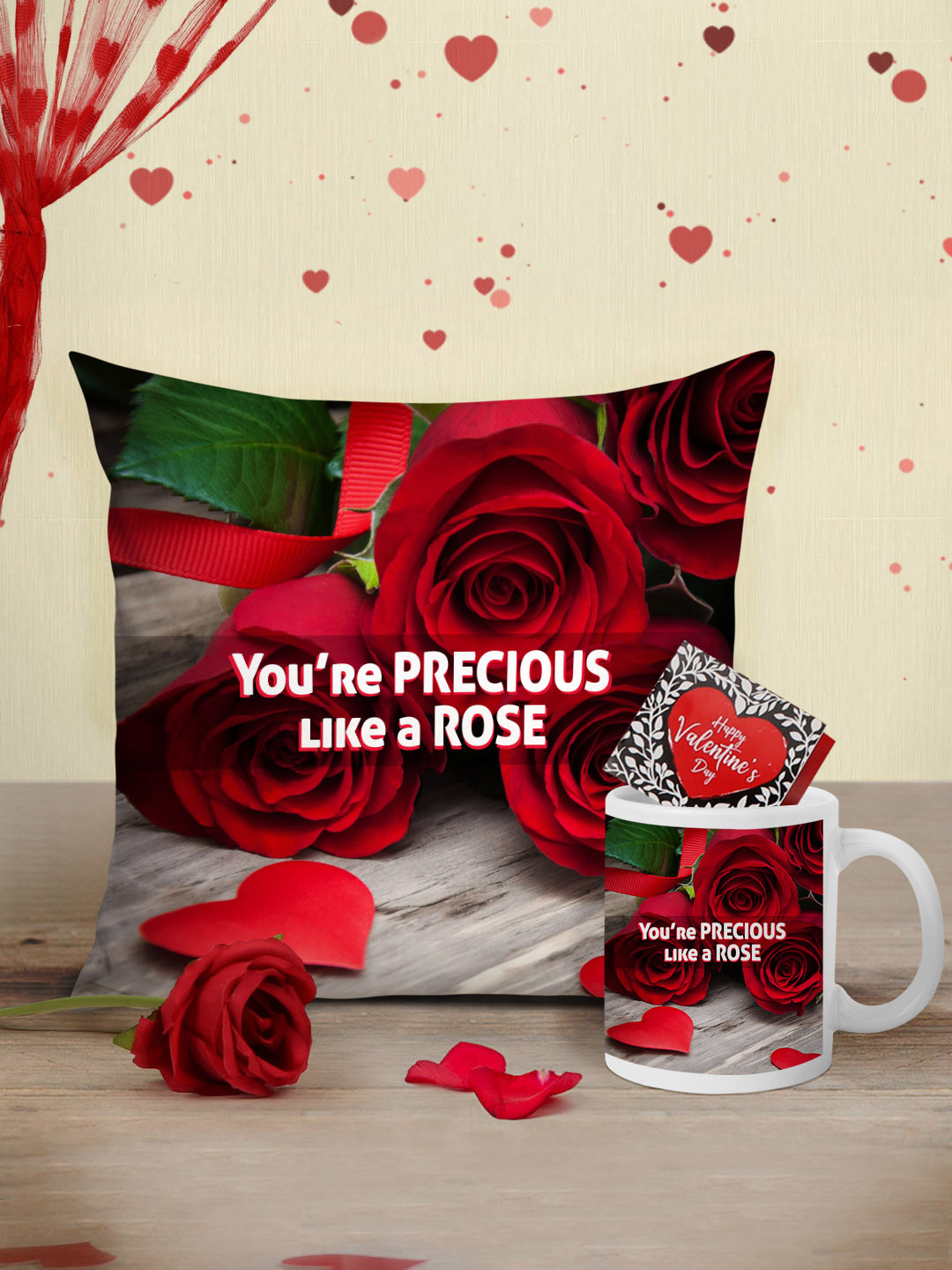 Tied Ribbons Grey & Red Valentine Cushion with Mug, Rose and Mini Card