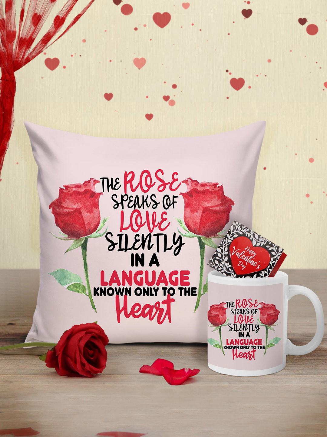 Tied Ribbons White & Red Valentine Cushion with Mug, Rose and Mini Card