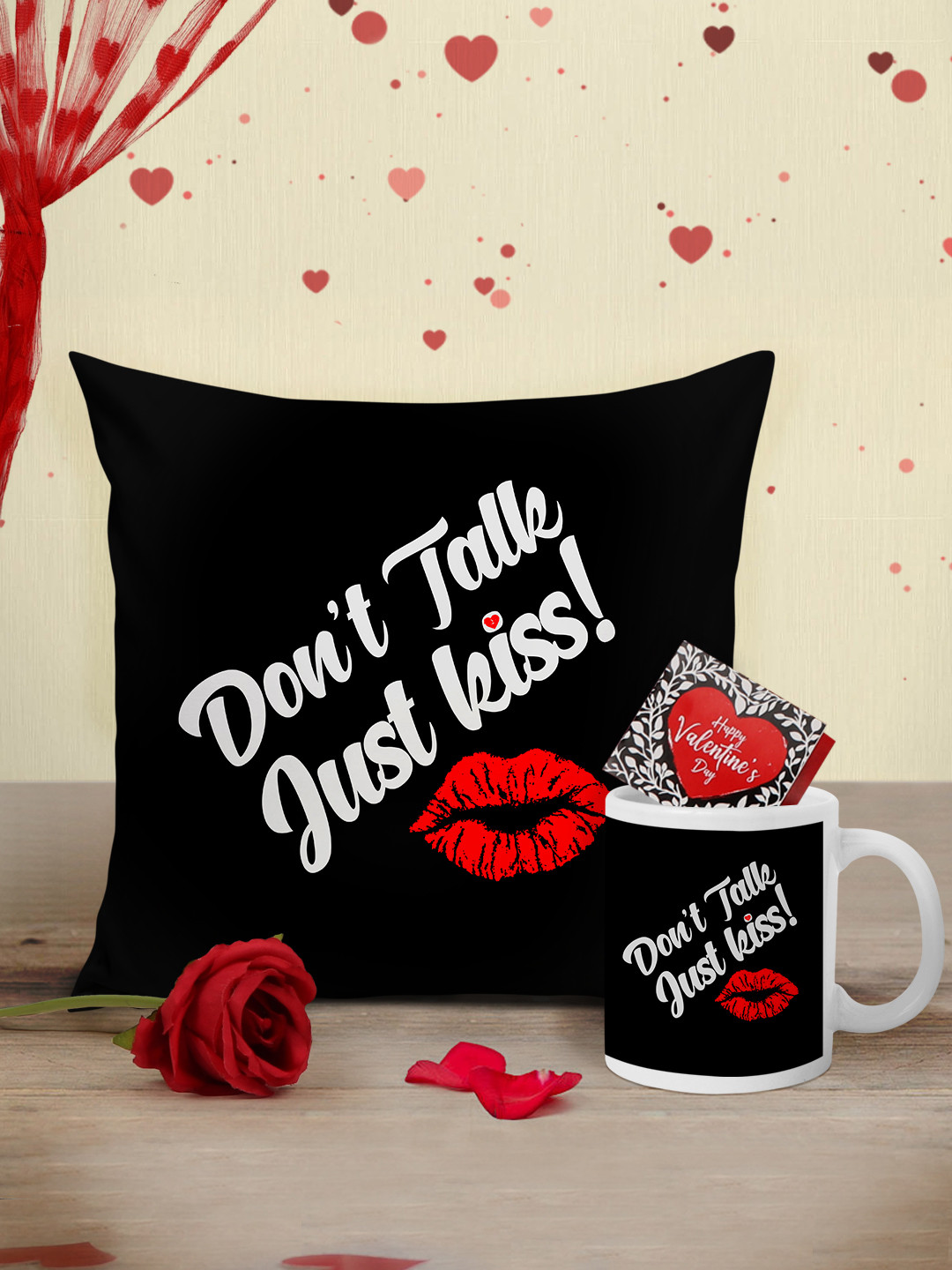Tied Ribbons Black & White Valentine Cushion with Mug, Rose and Mini Card