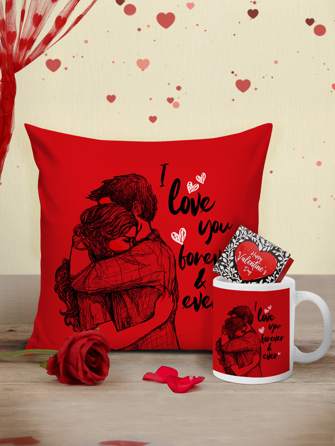 Tied Ribbons Red & Black Valentine Cushion with Mug, Rose and Mini Card