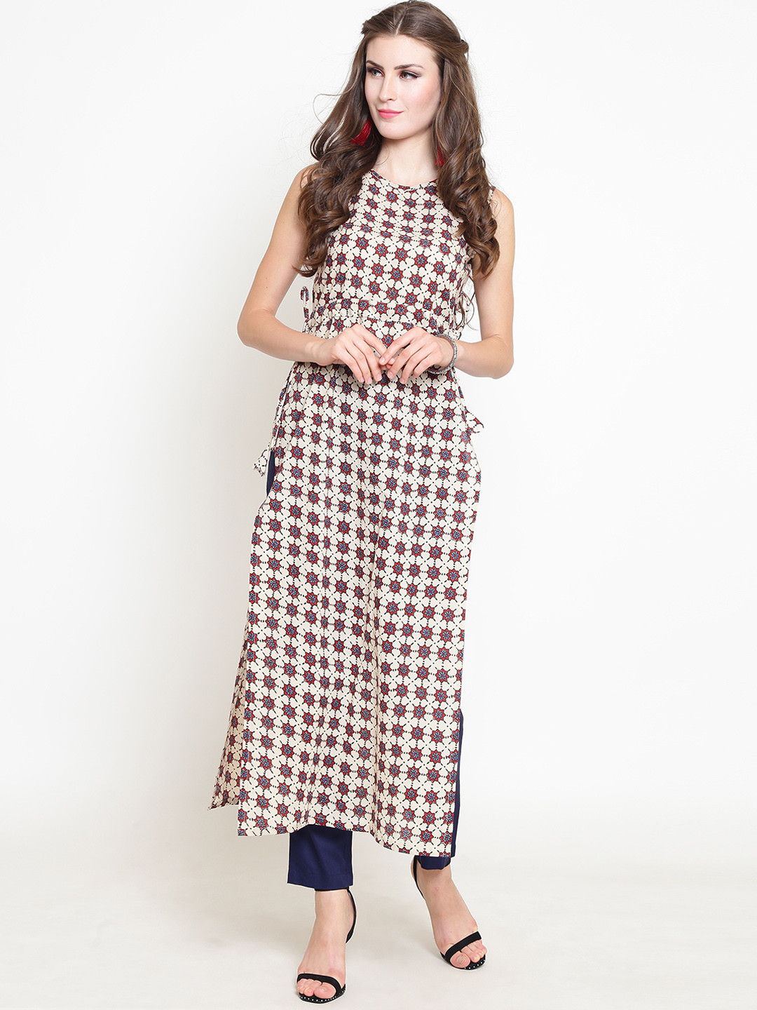 Sera Women Off-White & Navy Blue Printed Kurti with Palazzos