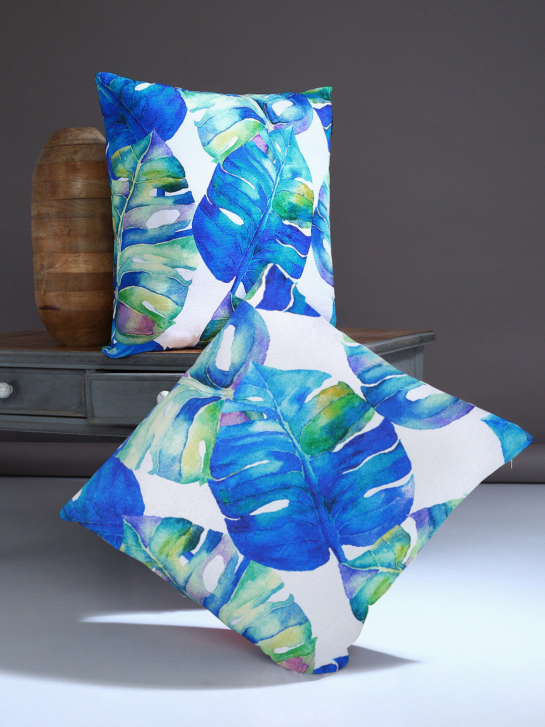 ROMEE Blue & White Set of 2 Floral Square Cushion Covers