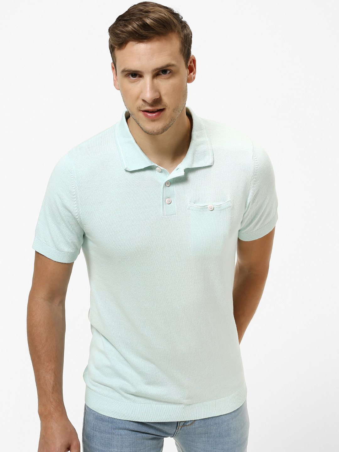 Celio Men Green Solid Polo Collar Pure Cotton T-shirt