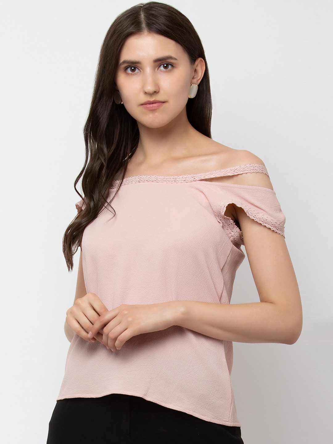 DODO & MOA Women Peach-Coloured Self Design Bardot Top