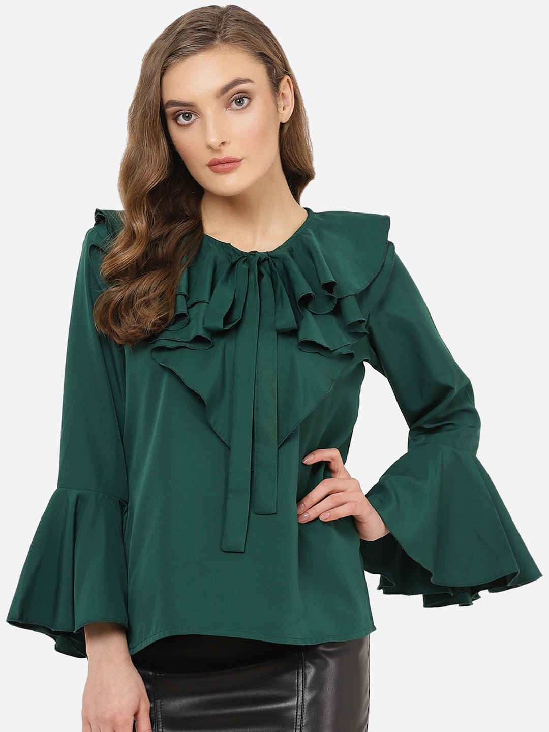 Indietoga Green Tie-Up Neck Ruffles Crepe Top