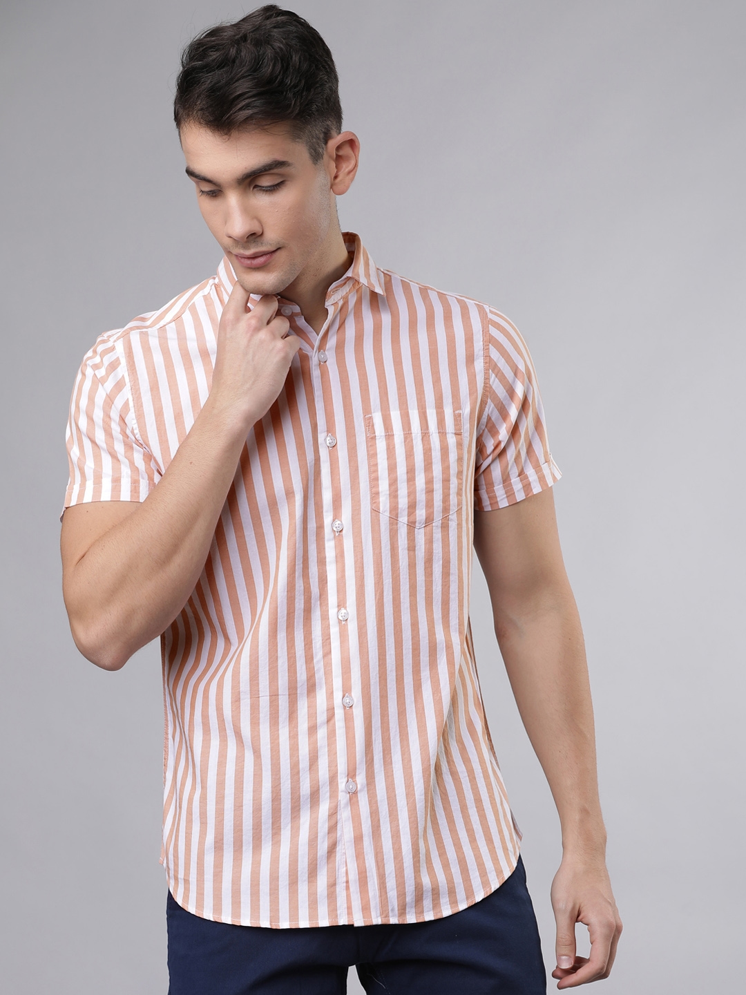 HIGHLANDER Men Orange   White Slim Fit Striped Casual Shirt