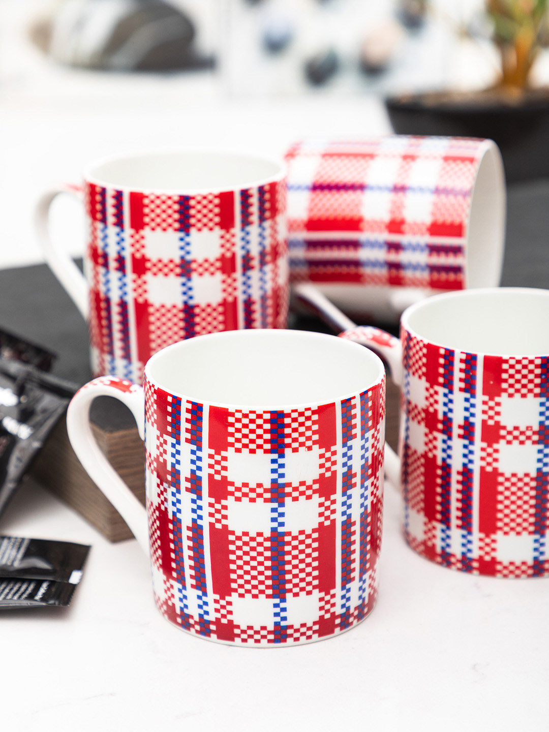 SONAKI White & Red 4-Pieces Checked Bone China Cups Set