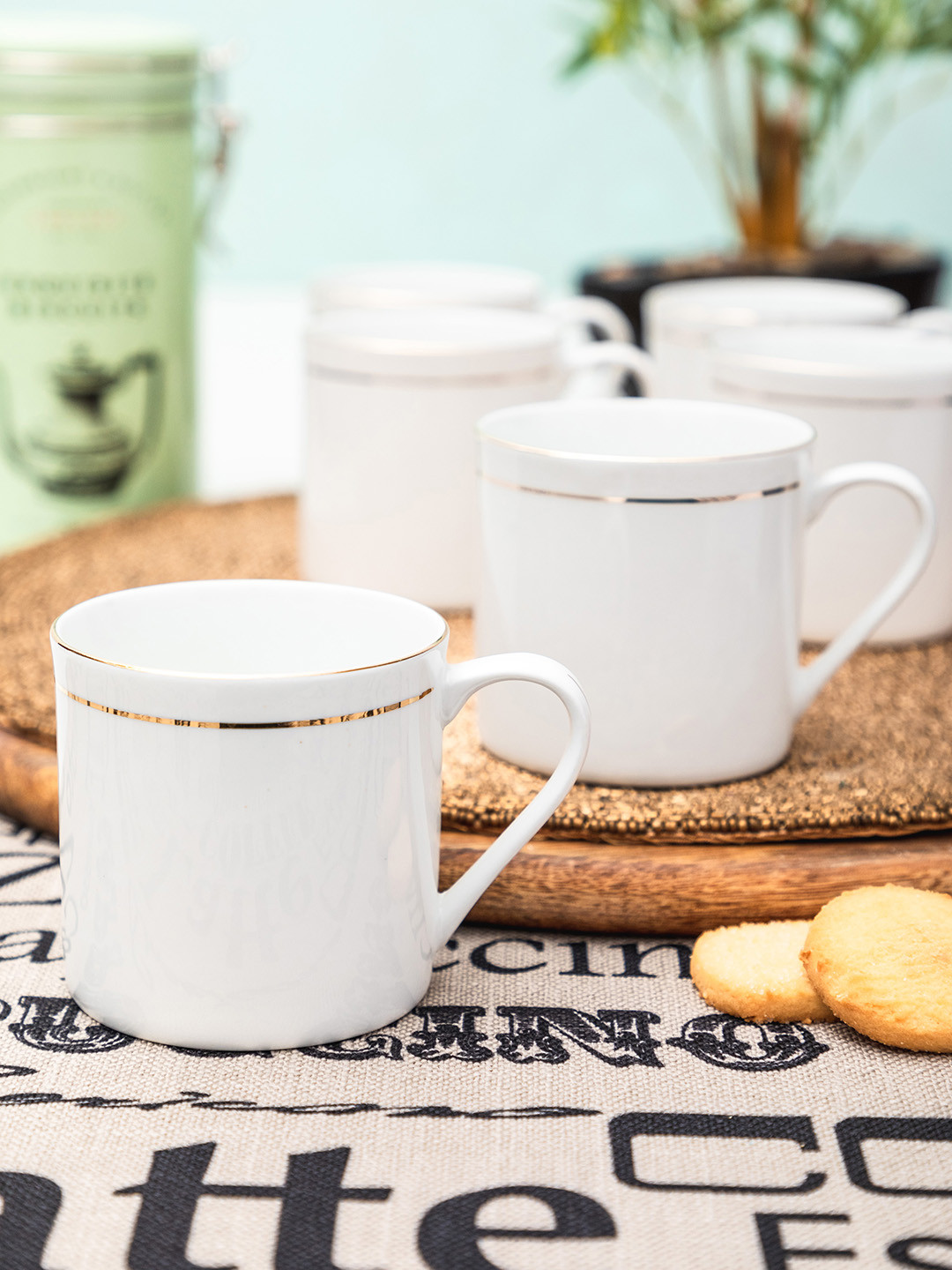 SONAKI Set of 6 White Solid Bone China Tea or Coffee Mugs With 24K Gold Print