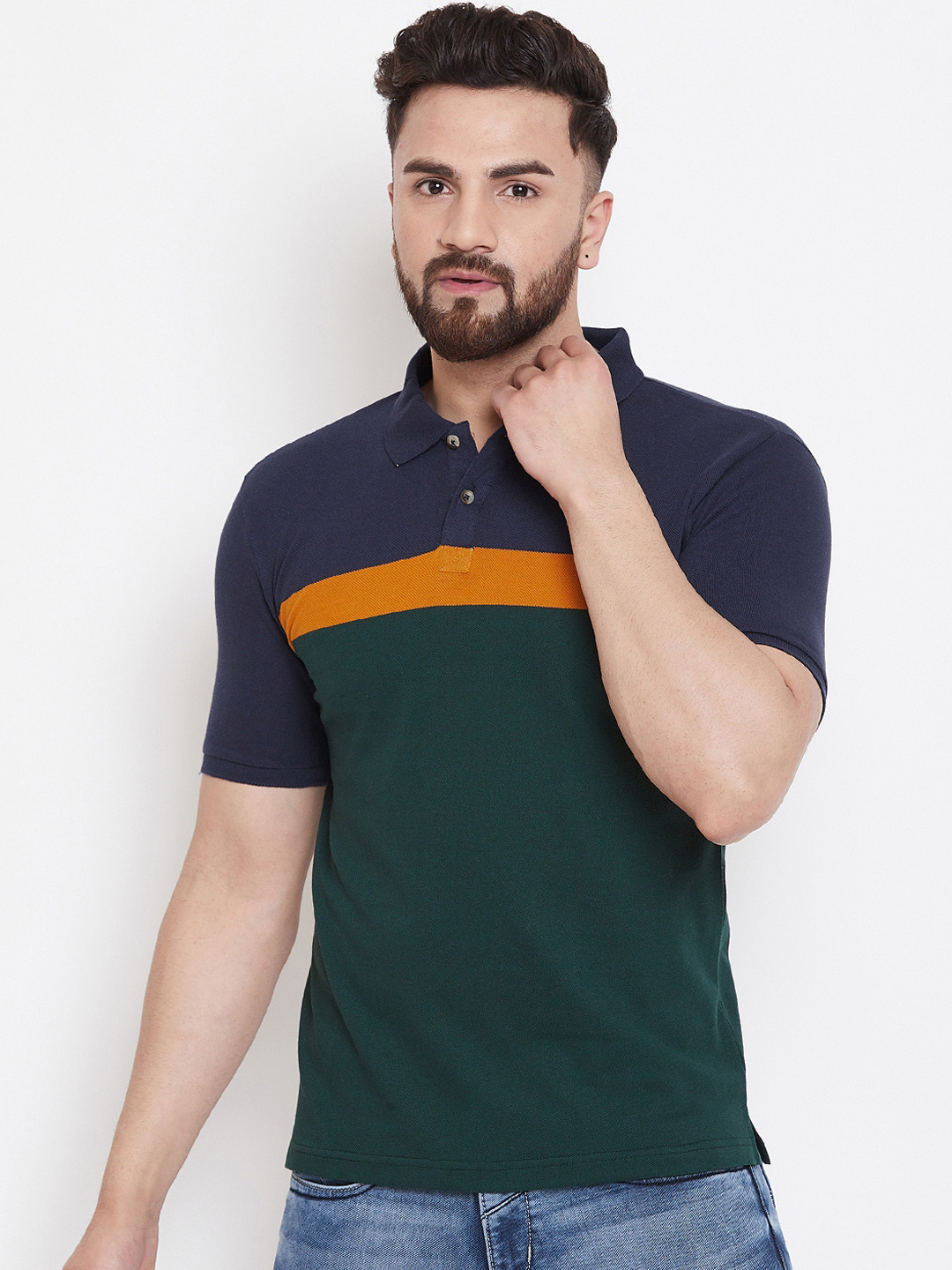 Austin wood Men Green Colourblocked Polo Collar T-shirt