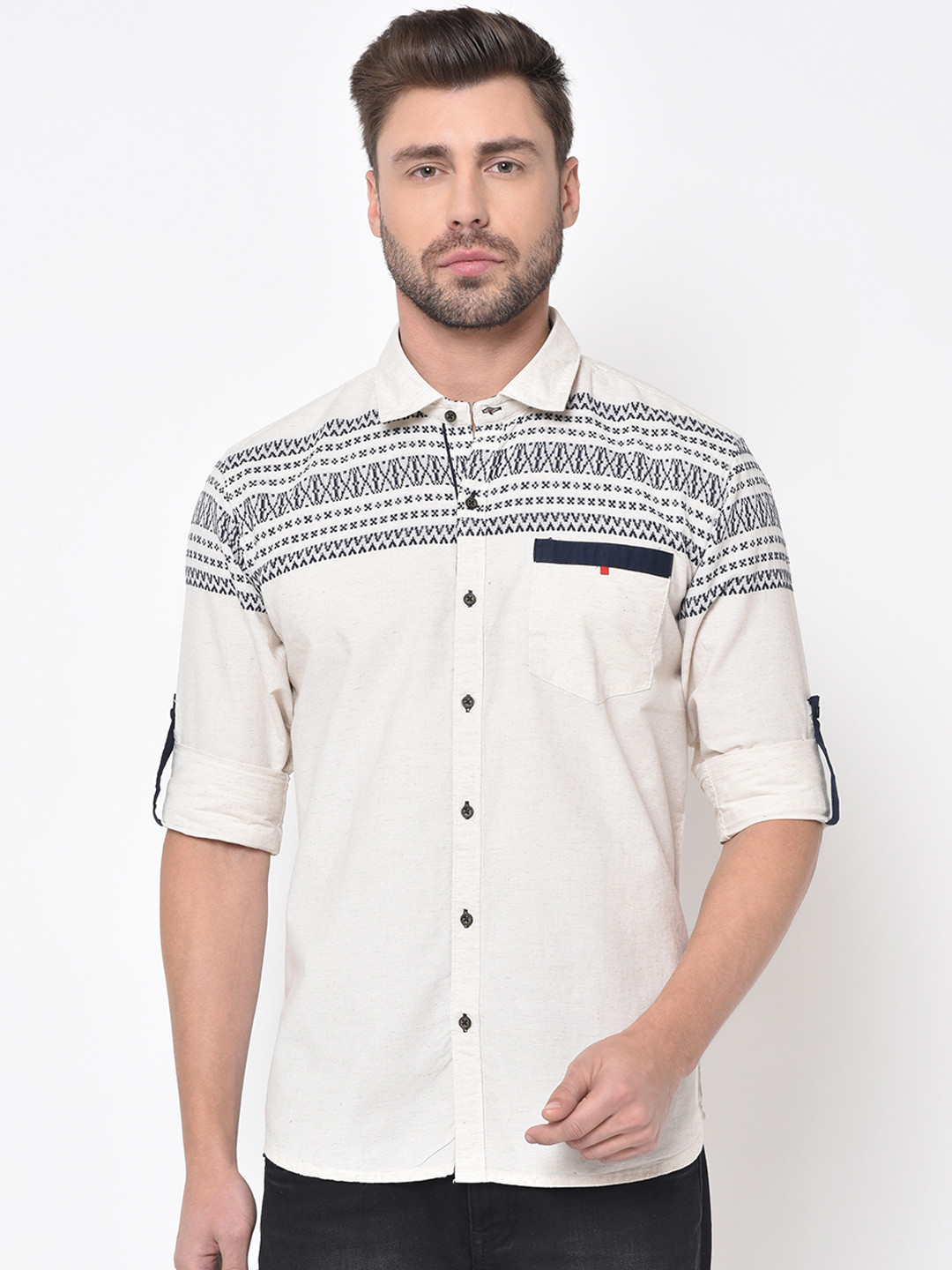 Duke Men Off-White & Navy Blue Slim Fit Printed Casual Shirt