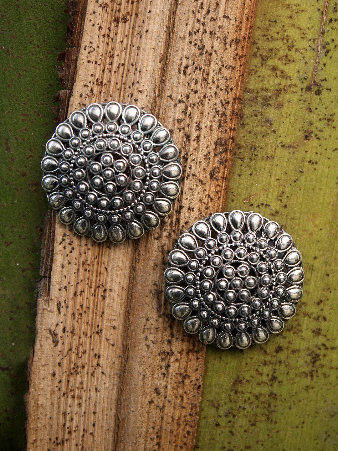 Adwitiya Collection Oxidized Silver-Toned Textured Circular Floral Mandala Stud Earrings