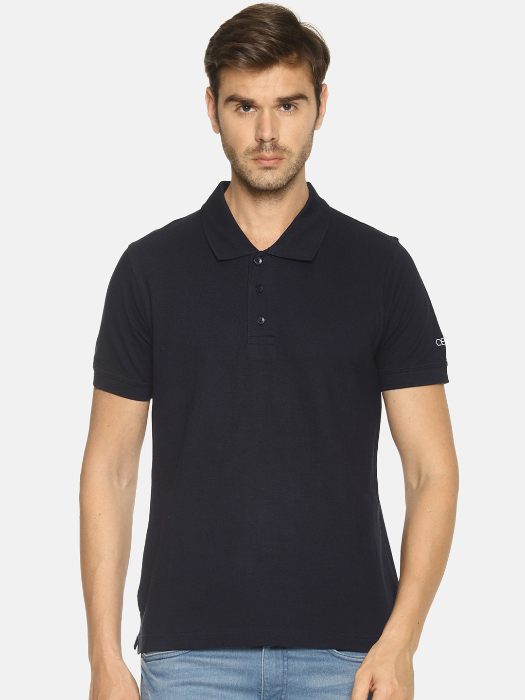 OBOW Men Navy Blue Solid Polo Collar Pure Cotton T-shirt