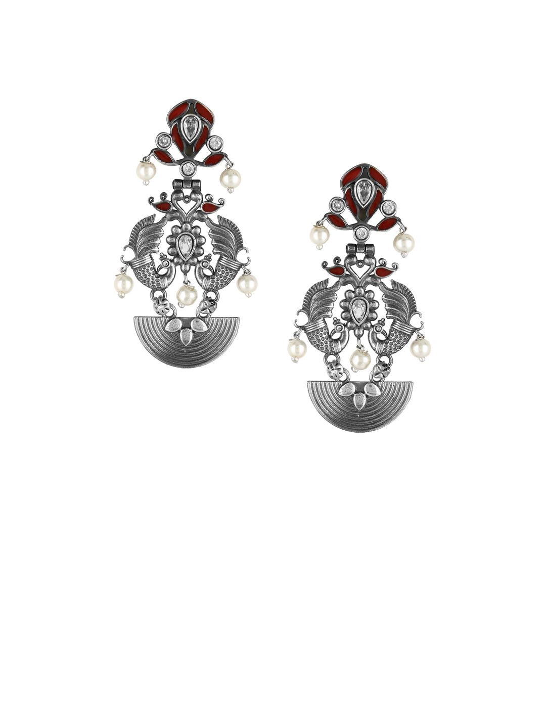 Adwitiya Collection Silver-Plated Oxidised White Classic Drop Earrings