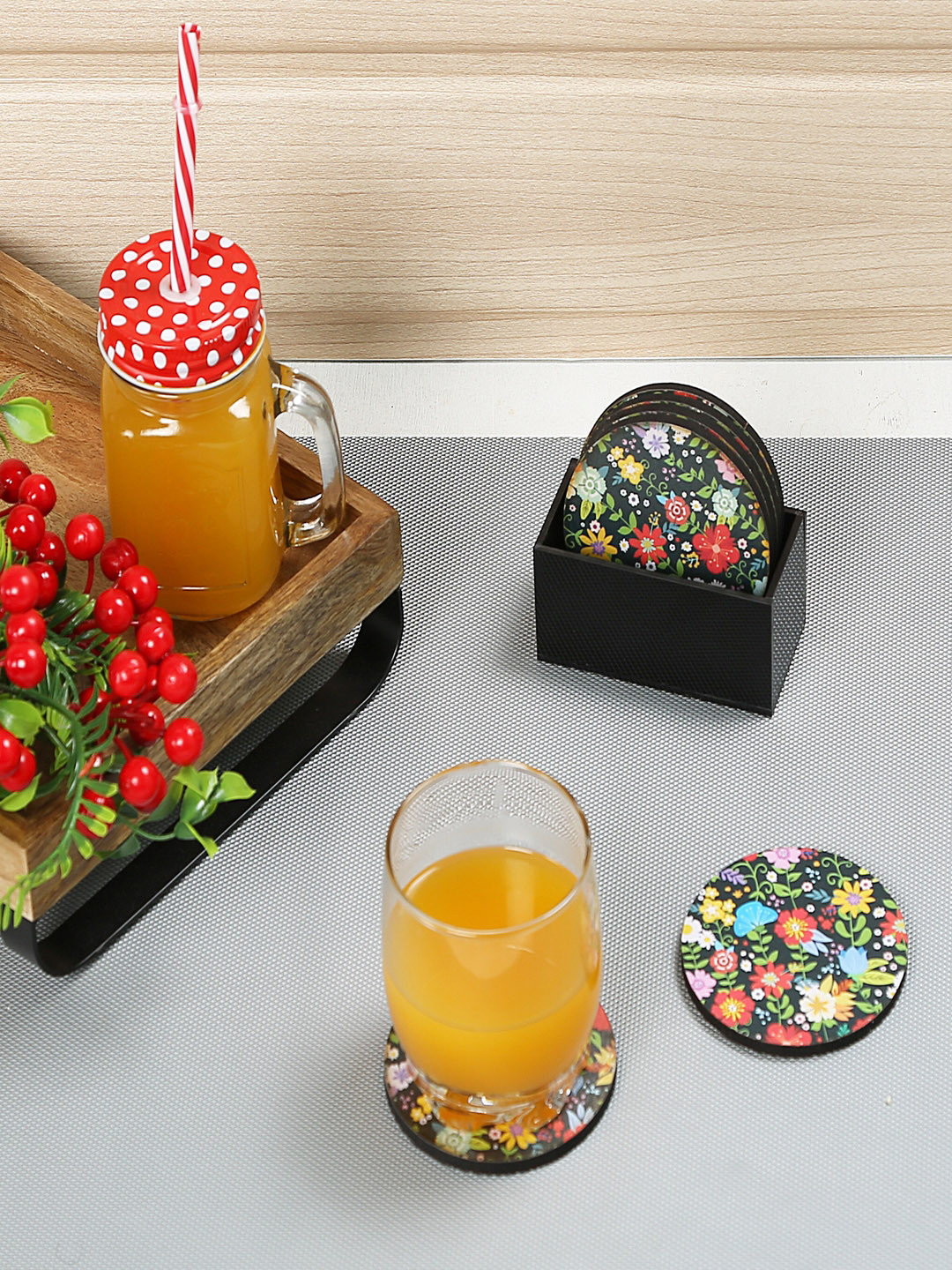 CRAYTON Set of 6 Black & Green Floral MDF Coasters With Holder