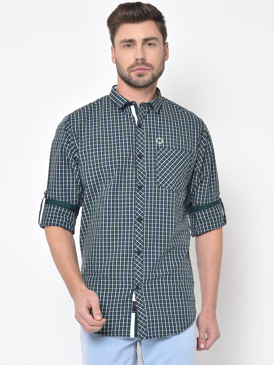 Duke Men Green & White Slim Fit Checked Casual Shirt