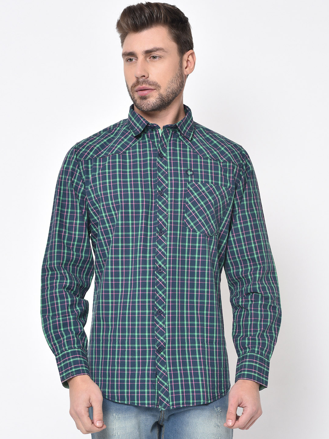 Duke Men Navy Blue & Green Slim Fit Checked Casual Shirt