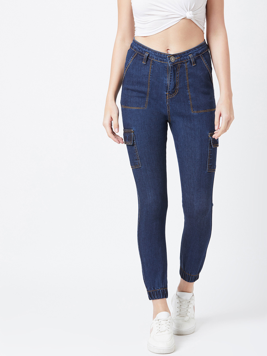 The Dry State Women Navy Blue Jogger Mid-Rise Clean Look Stretchable Jeans