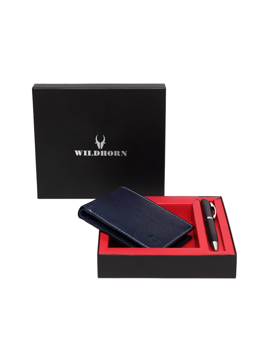 WildHorn Men Blue RFID Protected Genuine Leather Wallet & Pen Accessory Gift Set