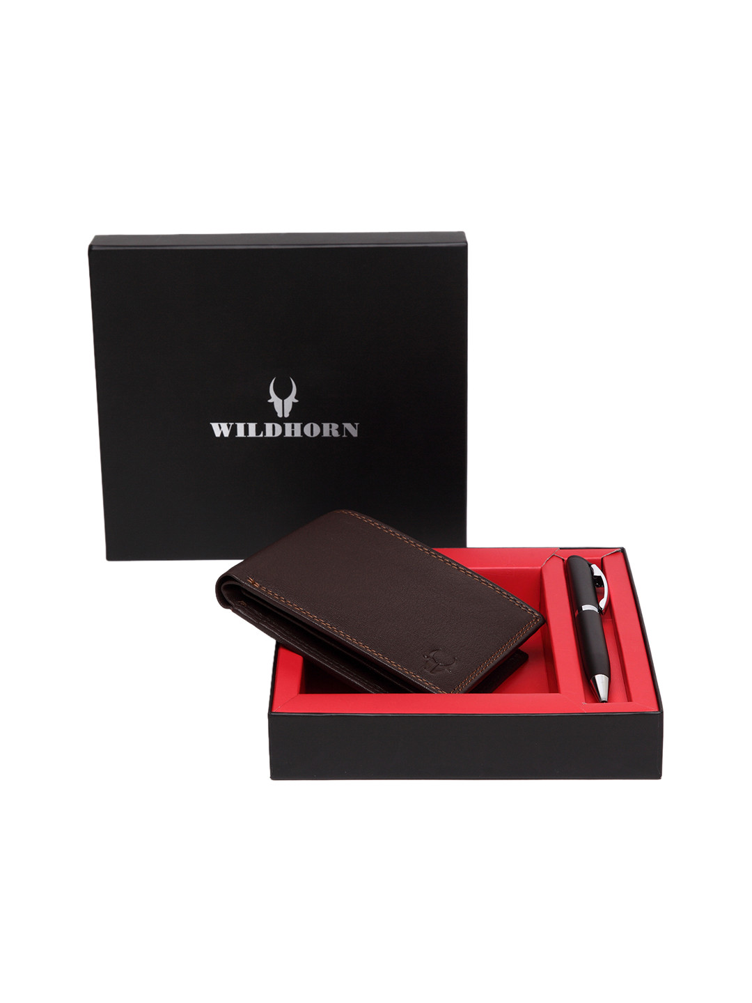 WildHorn Men Brown RFID Protected Genuine Leather Wallet & Pen Accessory Gift Set