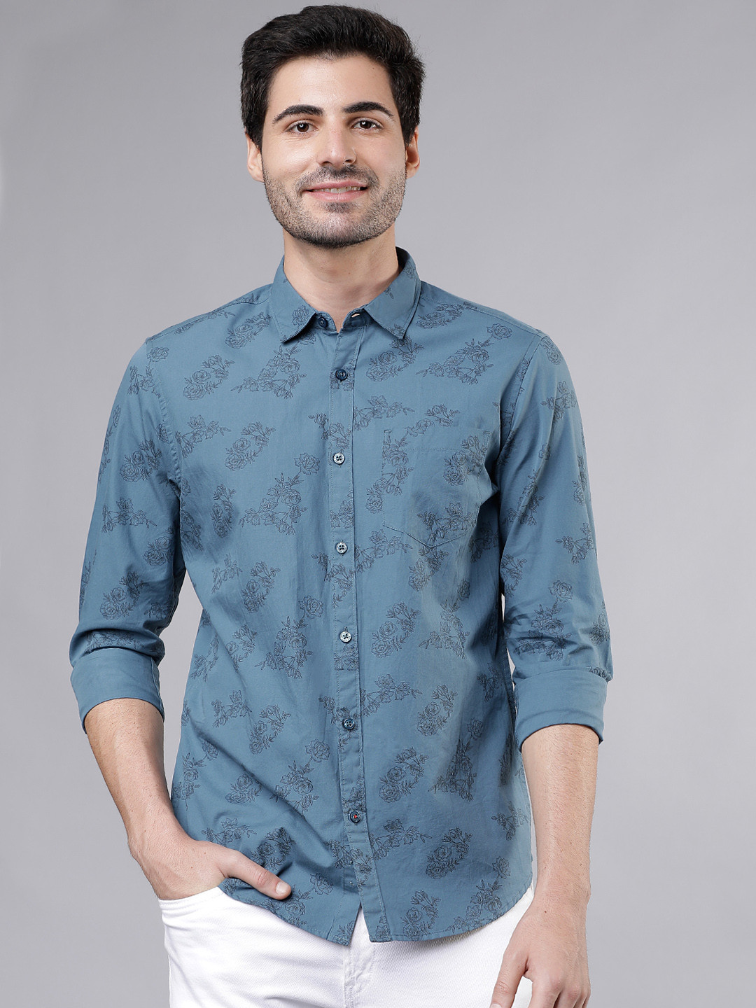 HIGHLANDER Men Blue Slim Fit Printed Casual Shirt