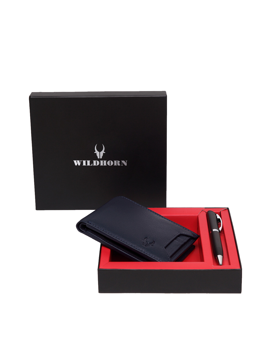 WildHorn Men Blue RFID Protected Genuine Leather Wallet & Pen Accessory Gift Set