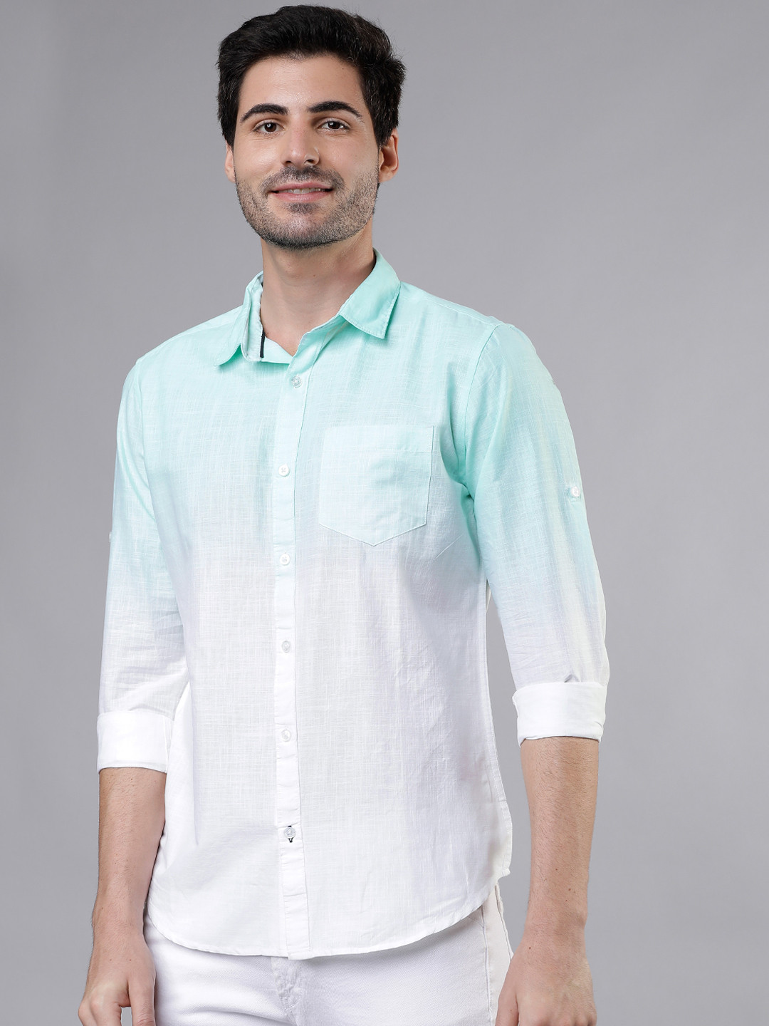 HIGHLANDER Men Blue & White Slim Fit Faded Casual Shirt
