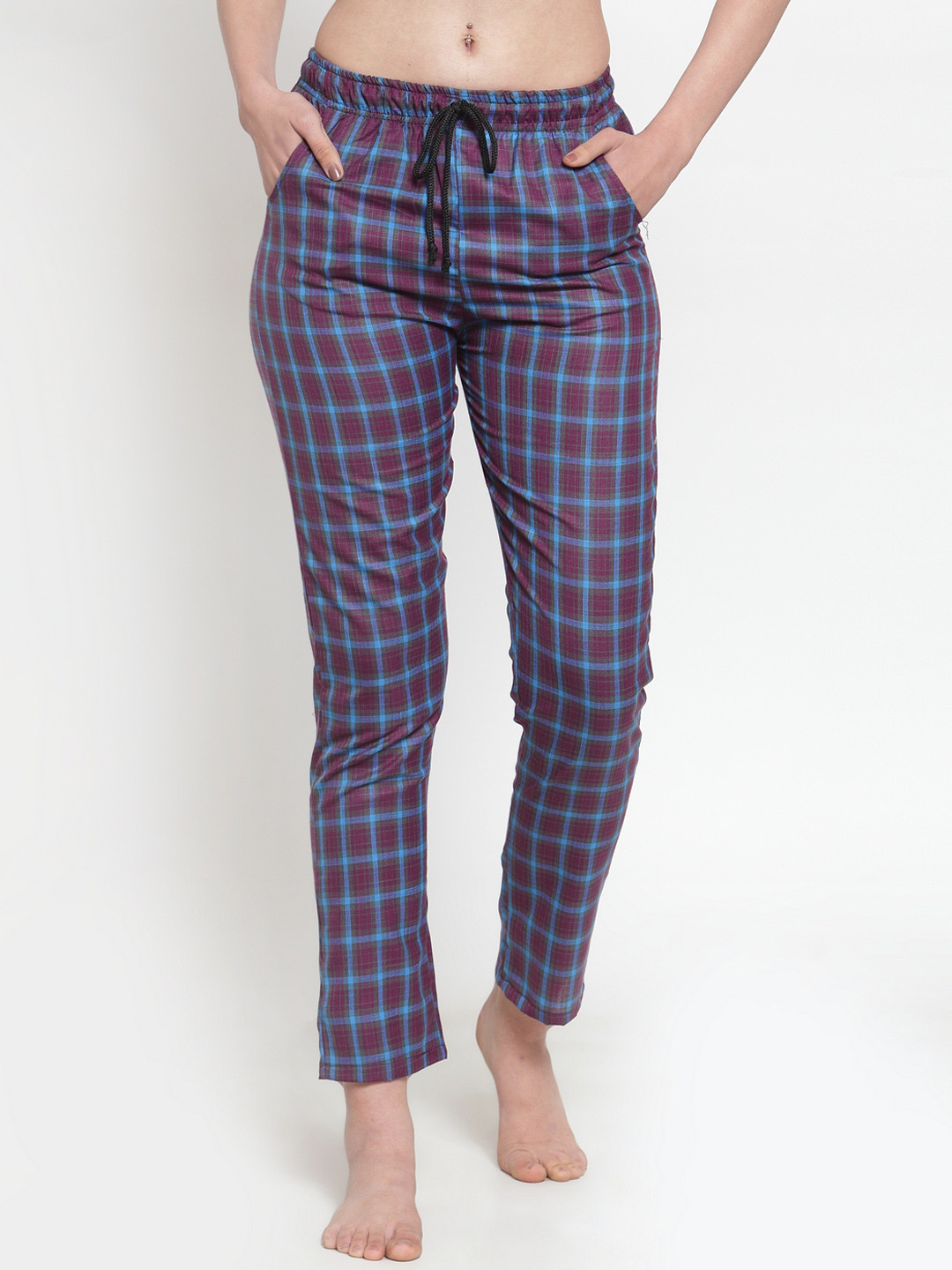 Secret Wish Women Maroon & Blue Checked Lounge Pants