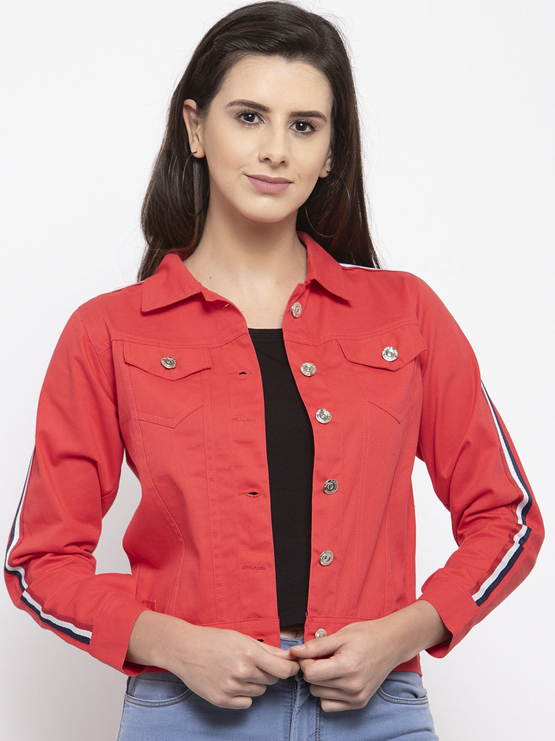 VOXATI Women Pink Solid Denim Jacket