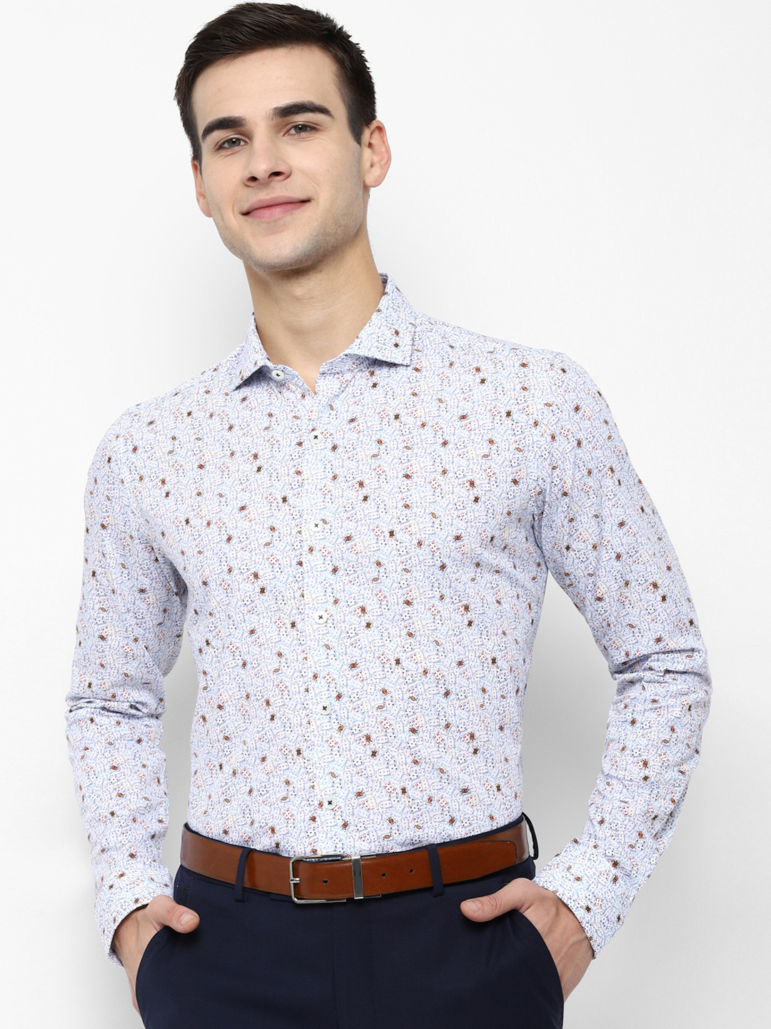 SIMON CARTER LONDON Men Off-White & Blue Slim Fit Printed Formal Shirt