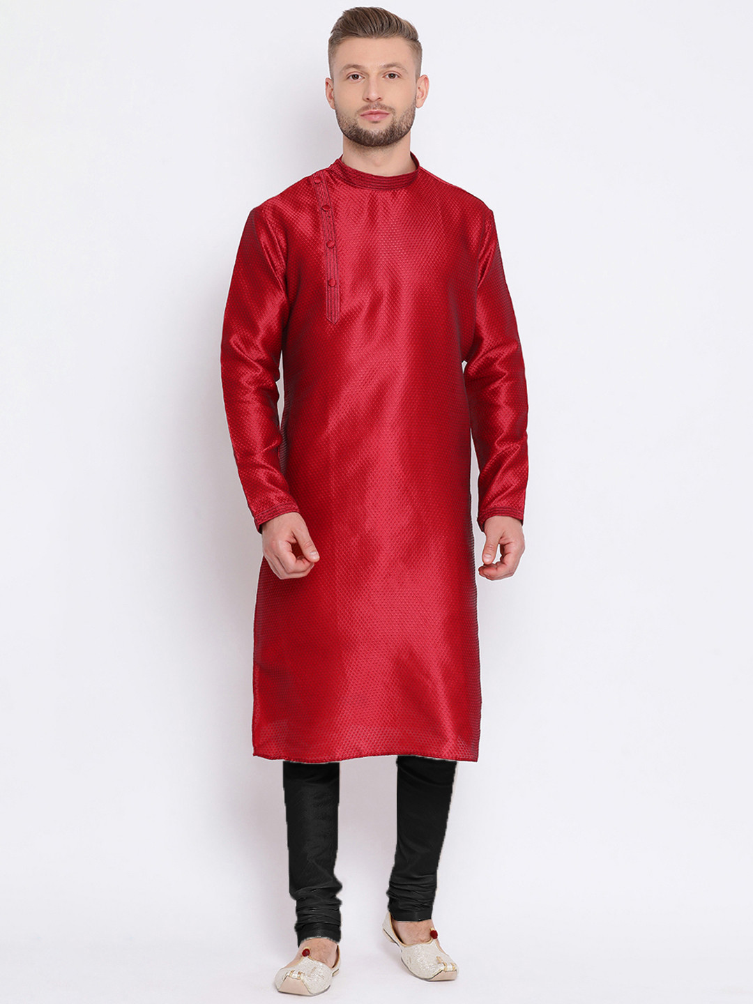 Here&Now X Sanwara  Men Red & Black Self Design Kurta with Churidar