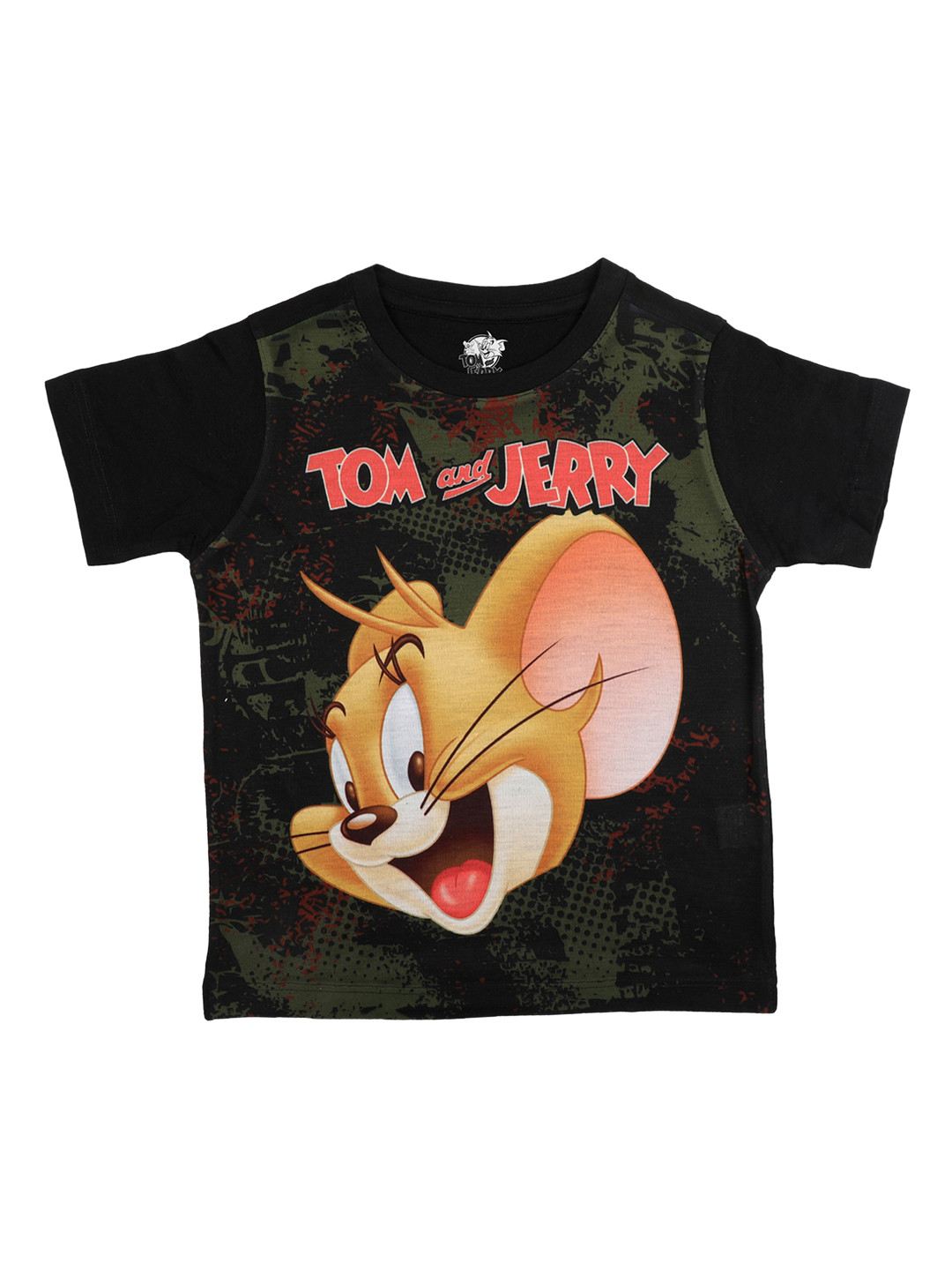 Tom & Jerry Boys Olive Green & Brown Printed Round Neck T-shirt