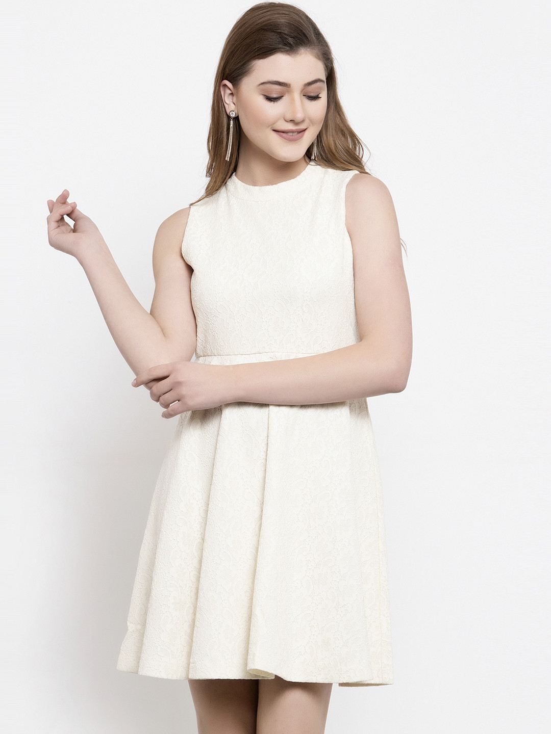 Gipsy Women Cream-Coloured Solid Fit and Flare Dress