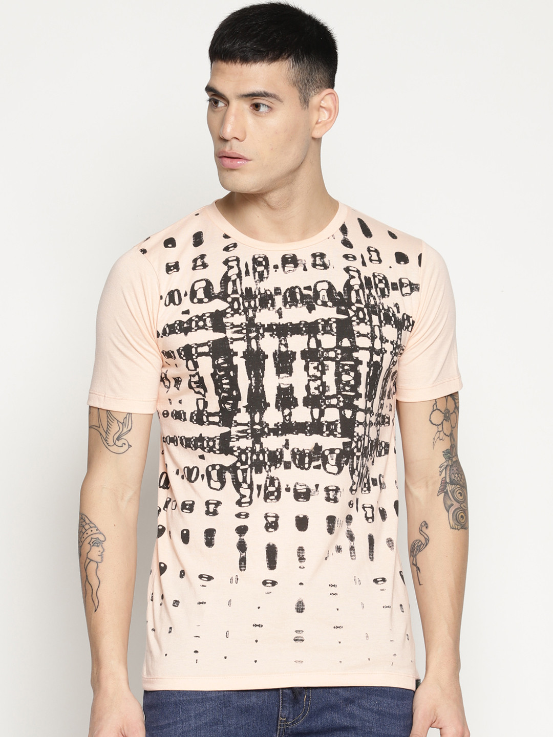 IMPACKT Men Peach-Coloured & Black Printed Round Neck T-shirt