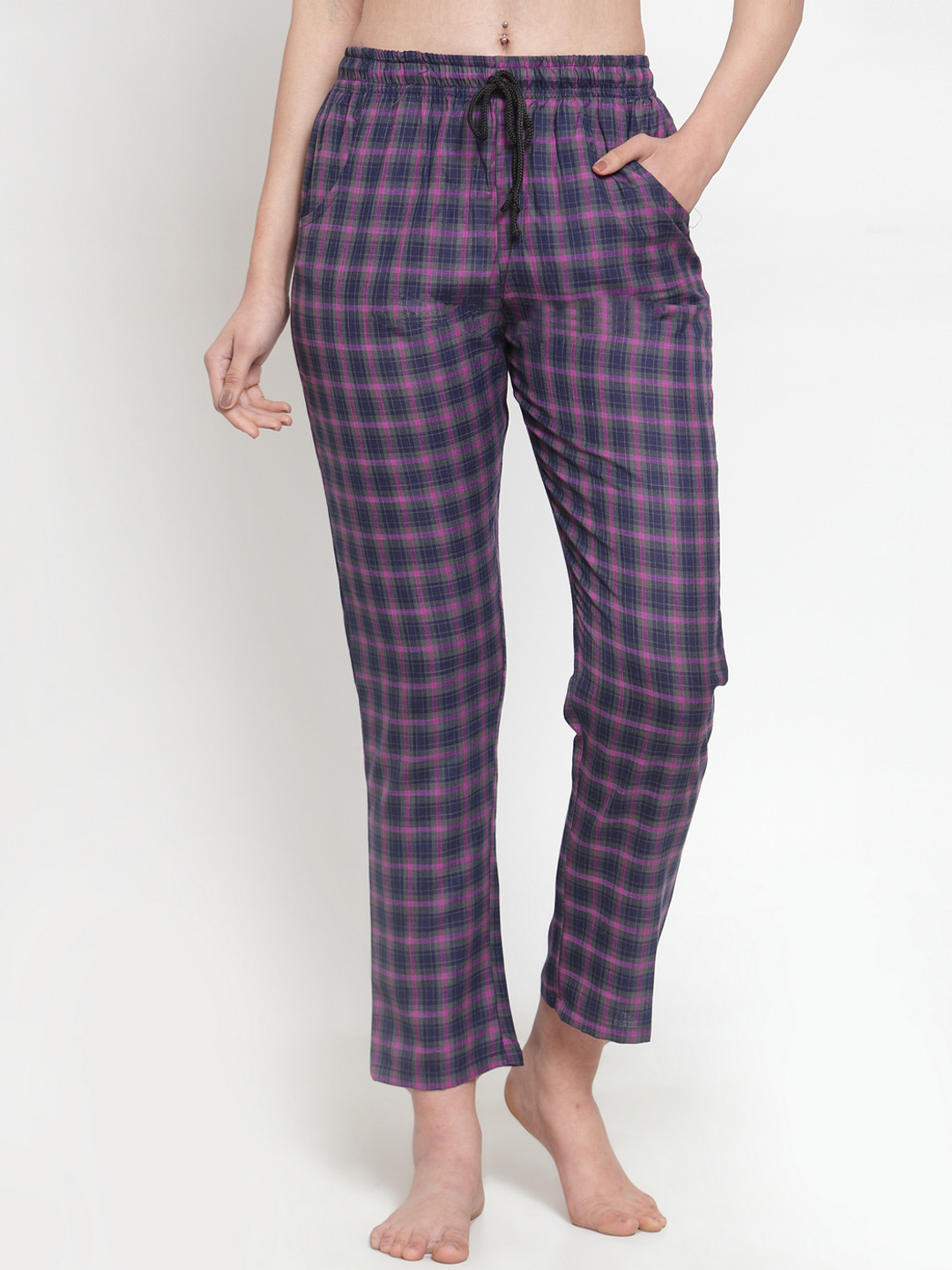 Secret Wish Women Maroon & Blue Checked Lounge Pants