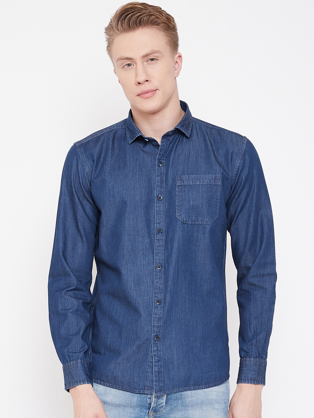 METTLE Men Blue Regular Fit Solid Denim Casual Shirt