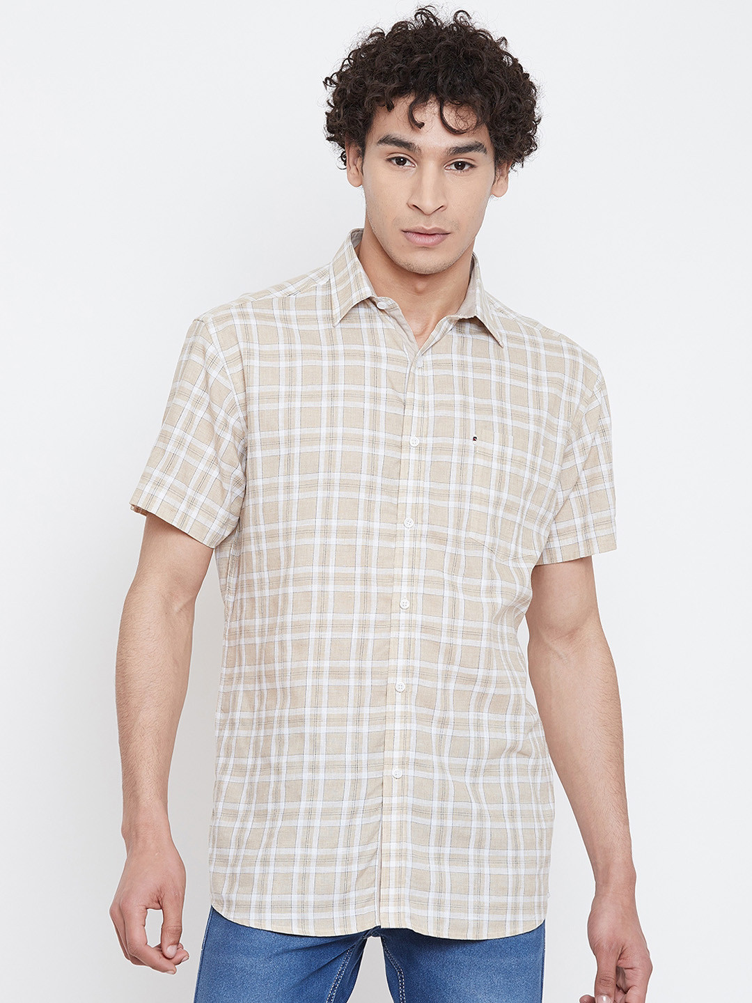 METTLE Men Off-White & Beige Regular Fit Checked Casual Shirt