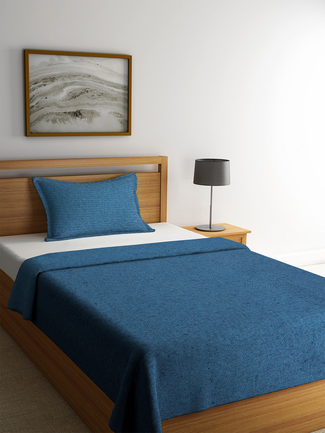 Soumya Blue Solid Single Bedcover with 1 Pillow Cover