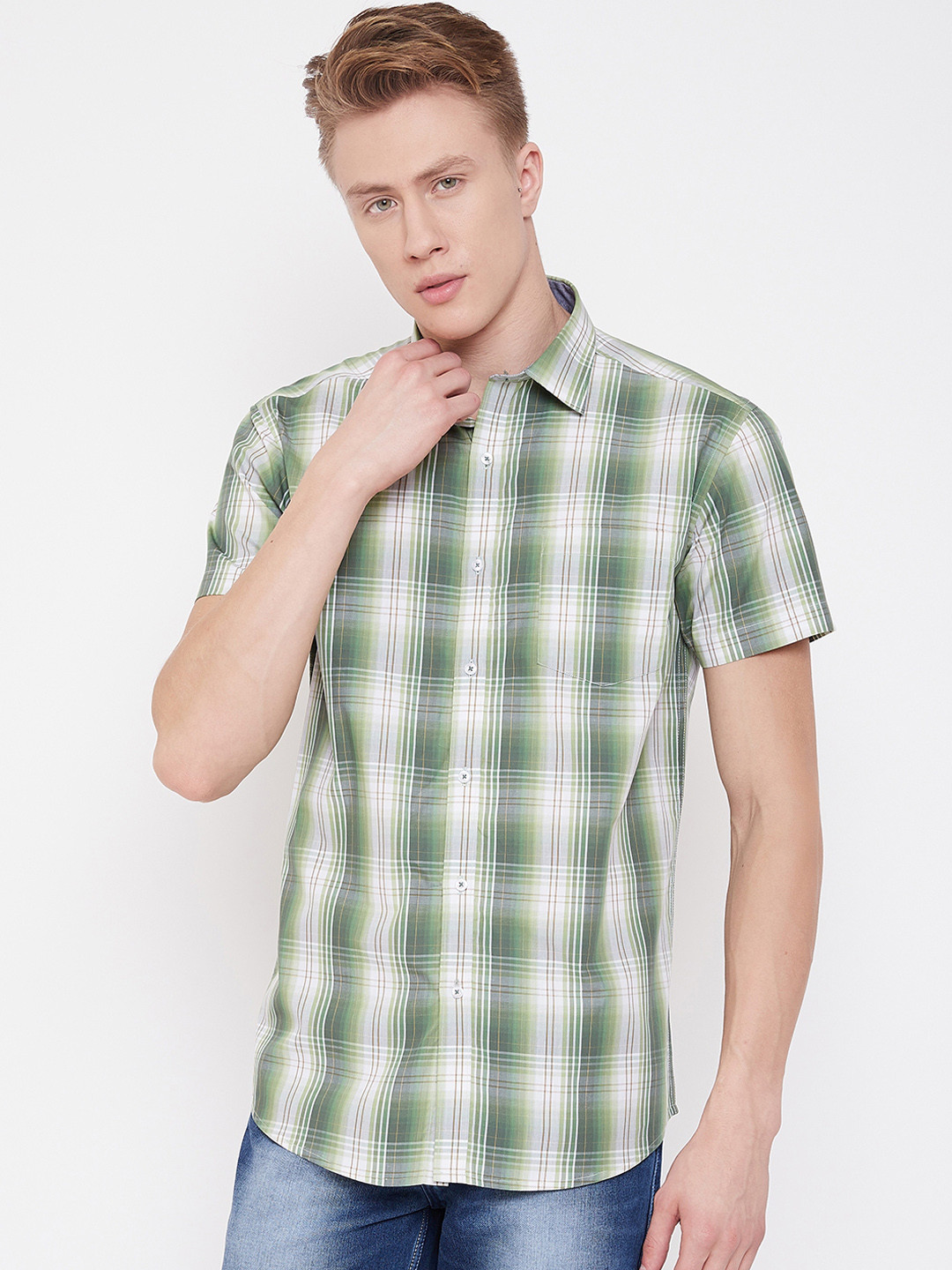 METTLE Men Green & White Regular Fit Checked Casual Shirt