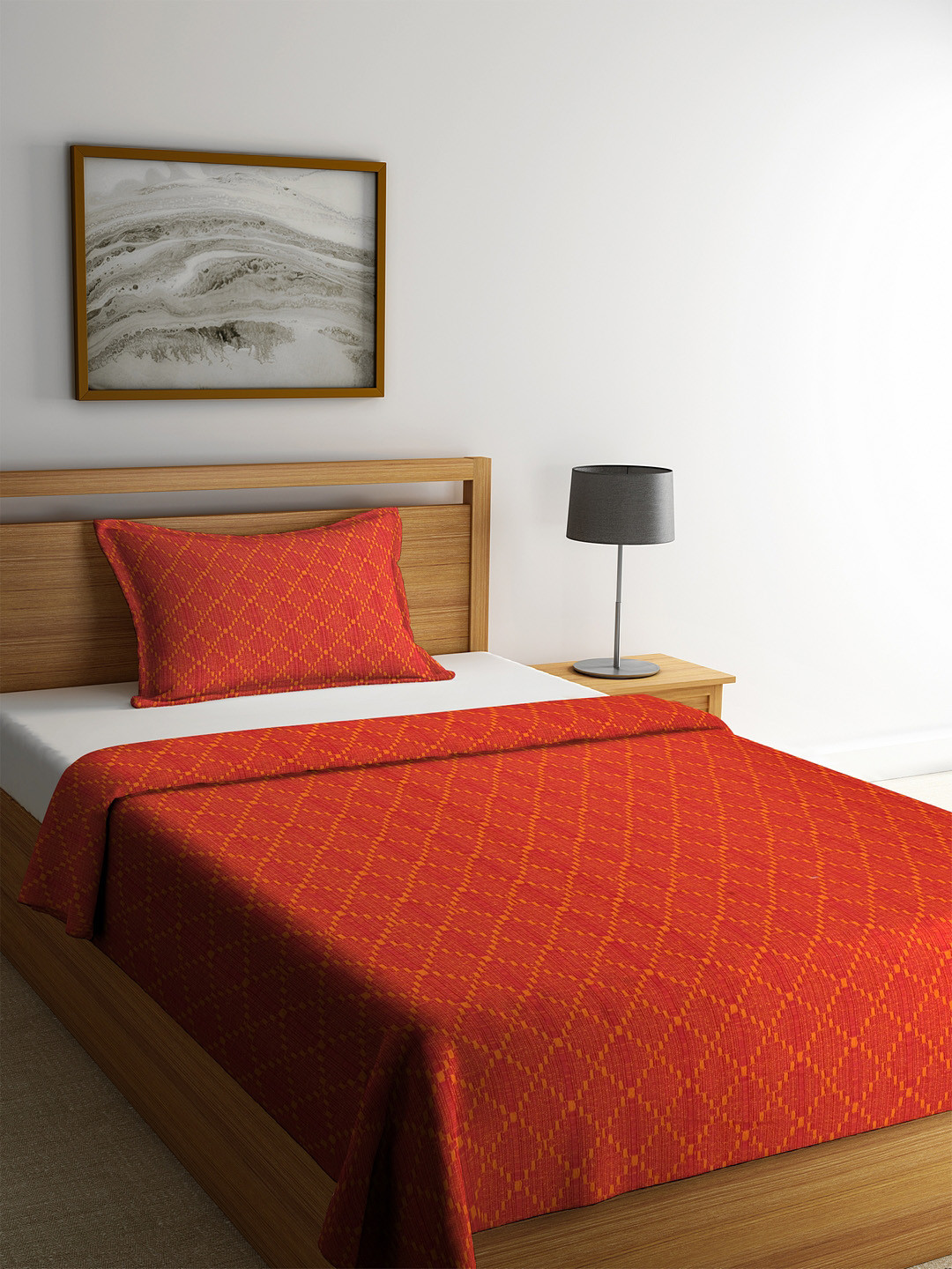 Soumya Rust Orange Printed Single Bed Cover With Pillow Cover
