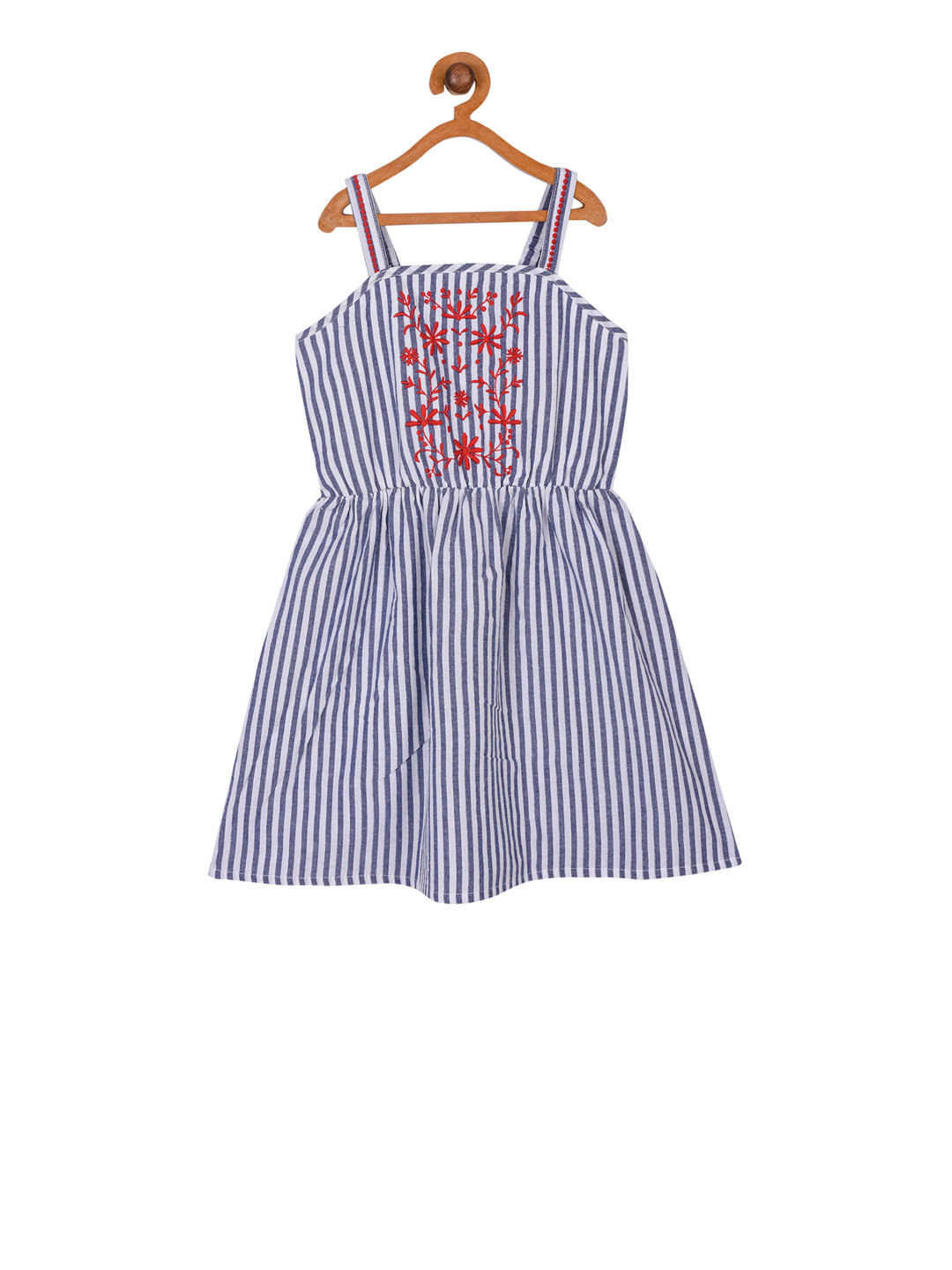 Miyo Girls White & Blue Striped Fit and Flare Dress with Floral Embroidered Detail